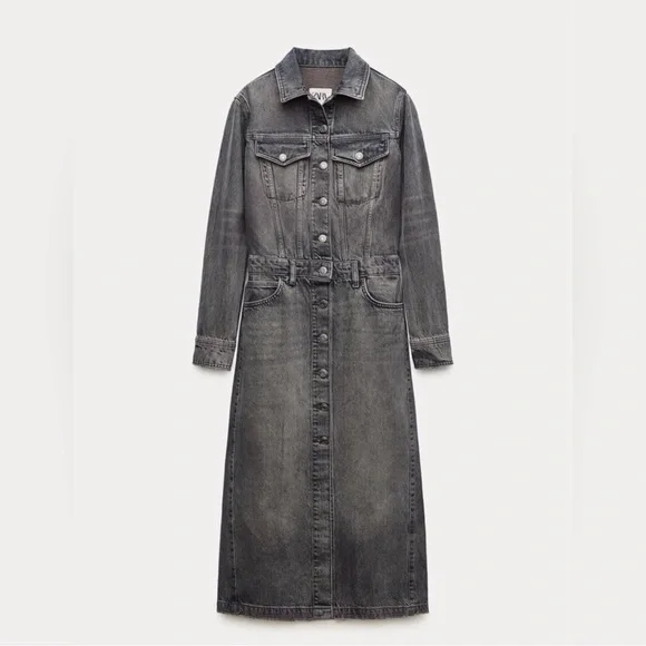 Zara Washed Black Denim Maxi Shirt Dress, size M - Picture 2 of 8